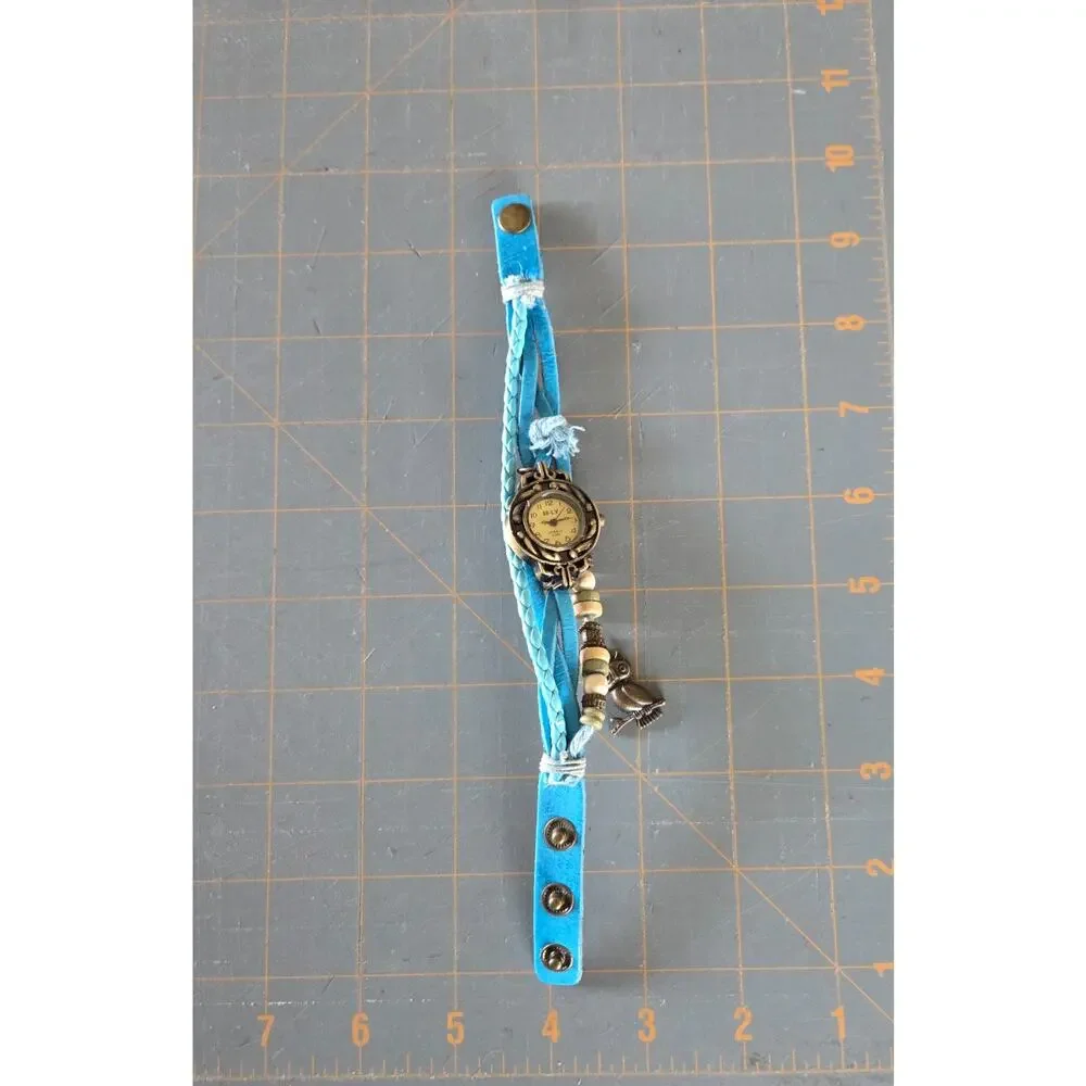 Vintage E-LY Boho Leather Wrap Watch Owl Charm Blue Beaded Bracelet WORKING